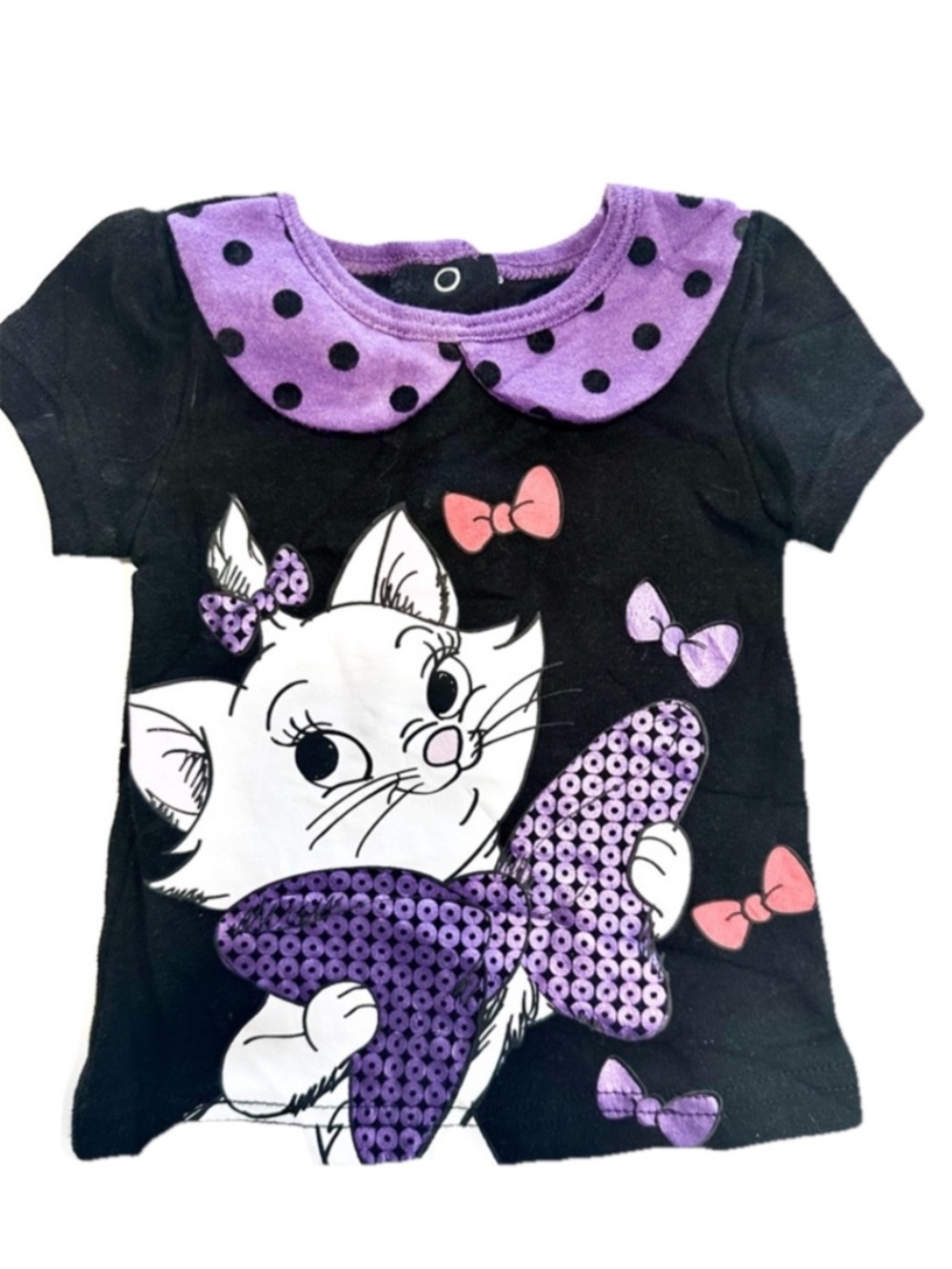 Disney Black Tee with Purple Sequin Bow Kitty and Polka Dot Collar - Picture 2 of 3